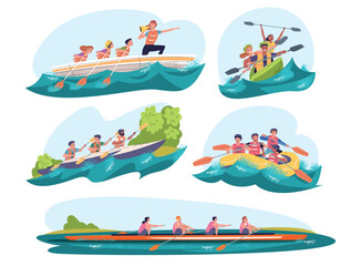 Rowing team. Business teamwork concept row sport competition, rower people group sail on river race kayak boat with paddle together, leader cooperation classy vector illustration © ssstocker