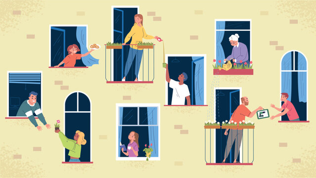 Neighbors help. Neighborhood coliving, neighbor in windows share things goods building apartment house community neighbour unity people home friendship classy vector illustration