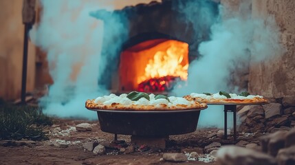 Baking artisan pizzas in a traditional wood-fired oven outdoor setting culinary action rustic environment close-up view