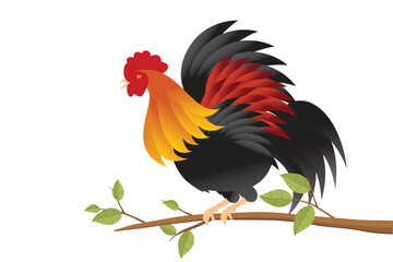 Vector illustration of a rooster on a tree branch
