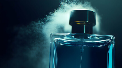 Blue perfume spray, dark background, mist