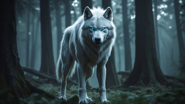 Stunning white direwolf with piercing blue eyes posed in a magical woodland with dreamy lighting and ethereal fog