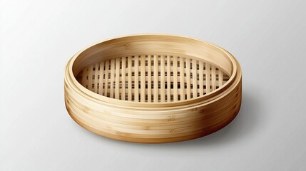 a round bamboo steamer basket with slatted wood design, natural light color, flat and isolated on a transparent background.