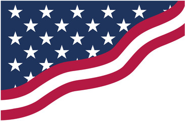Wavy USA flag background with blue stars and red stripes on white. Patriotic banner design for Independence Day and national events.