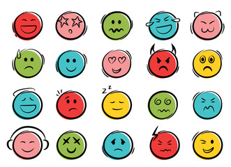 Doodle colorful emoji face icons set. Sketch style ink brush vector signs.
