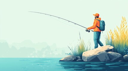Serene Fisherman: A tranquil morning fishing scene by a lake, man casts line, mountains in background, peaceful atmosphere