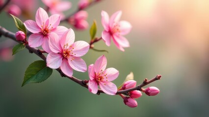 Obraz premium Delicate Pink Blossoms on a Branch, Illuminated by Gentle Sunlight, a Symbol of Spring's Arrival and Renewal