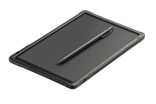Sleek black tablet with stylus perfect for note taking and digital art showcasing elegant design and isolated on transparent background
