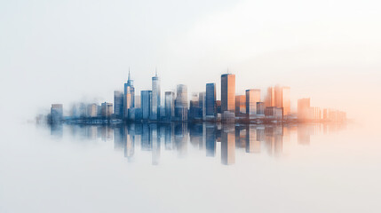 Fototapeta premium vibrant watercolor painting of bustling city skyline reflected on calm water, blending soft hues of blue and orange, creating serene and dreamy atmosphere