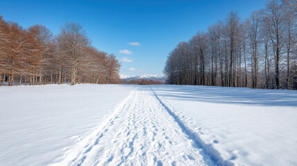 Obraz premium snowy hiking trail stretches through serene landscape, flanked by frosted trees clear blue sky