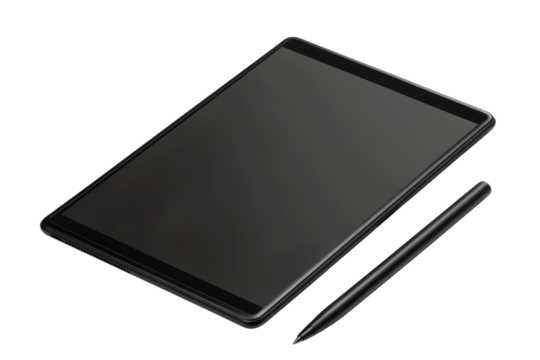 Sleek black tablet and stylus perfect for digital art and note taking on a white background isolated on transparent background - Powered by Adobe
