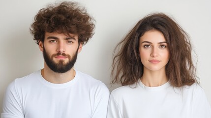 Obraz premium Two young adults with curly hair standing side by side, wearing white shirts, plain light background, casual and natural look, and studio portrait.