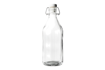 Elegant empty glass bottle with a swing top closure against a minimalist white background isolated on transparent background
