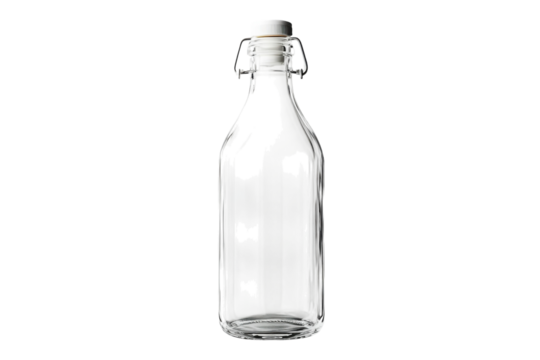 Elegant empty glass bottle with a swing top closure against a minimalist white background isolated on transparent background