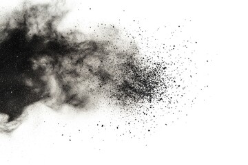 Black powder explosion, abstract art, dark particles scattered on white background.