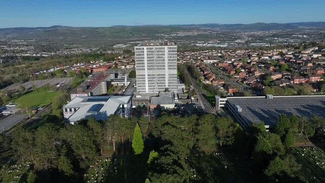 Editorial Swansea, Wales - April 06, 2025: Aerial view of the Driver and Vehicle Licensing Agency (DVLA) in Swansea, South Wales.