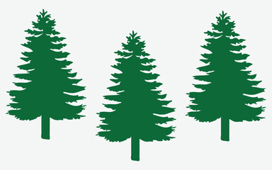Fototapeta premium Stylized set of three green pine tree silhouettes on white background. Perfect for nature themes, holiday cards, and winter landscape designs. Clean minimalist evergreen vector illustration.