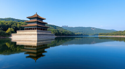 Fototapeta premium serene lake reflecting traditional architectural structure surrounded by lush greenery