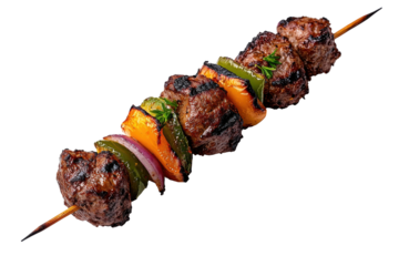 Grilled Beef Kebabs with Bell Peppers and Onions – BBQ Skewers Isolated on png 