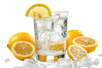 Refreshing Sparkling Water with Lemon Slices Icy Cubes bright background isolated on transparent background