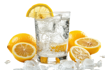 Refreshing Sparkling Water with Lemon Slices Icy Cubes bright background isolated on transparent background