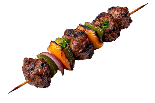 Grilled Beef Kebabs with Bell Peppers and Onions – BBQ Skewers Isolated on png 