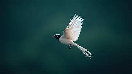Obraz premium graceful white bird with long tail and black face mask is captured mid flight against soft green background, showcasing its elegant wings and serene beauty