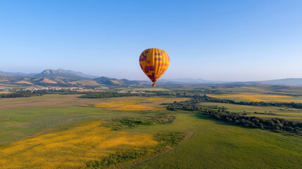 Obraz premium vibrant hot air balloon floats gracefully over lush green landscape, showcasing beauty of nature