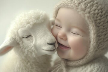 A baby in a knitted hat gently nuzzles a fluffy lamb, eyes closed in peaceful slumber.