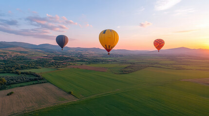 Fototapeta premium Colorful hot air balloons soaring over lush green fields at sunrise create breathtaking view