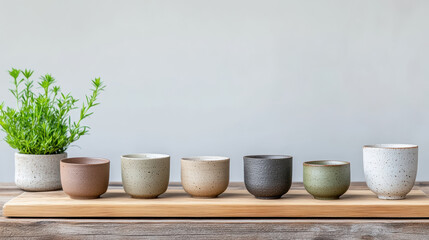 Ceramic cups arranged on wooden tray with small plant, showcasing various colors and textures
