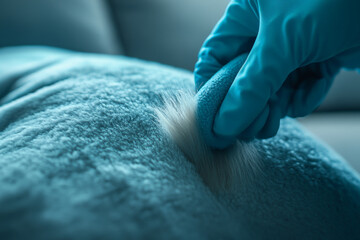 Gloved Hand Tenderly Touching Animal Tail. A gloved hand gently touches a fluffy, light-colored animal tail, emphasizing softness and care in the moment.