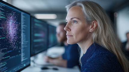 Focused scientist analyzing data on multiple screens in modern workspace