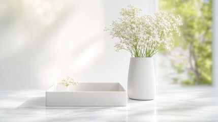 Fototapeta premium A minimalist, elegant display of white flowers in a vase and a tray on a marble surface, bathed in natural light