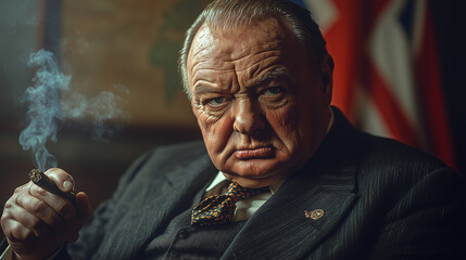 Realistic Portrait of Winston Churchill in Iconic Suit with Cigar and Wartime Resolve