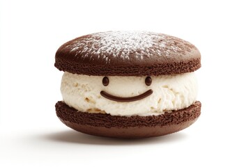 A happy face ice cream sandwich with chocolate cookies and vanilla ice cream, dusted with powdered sugar.