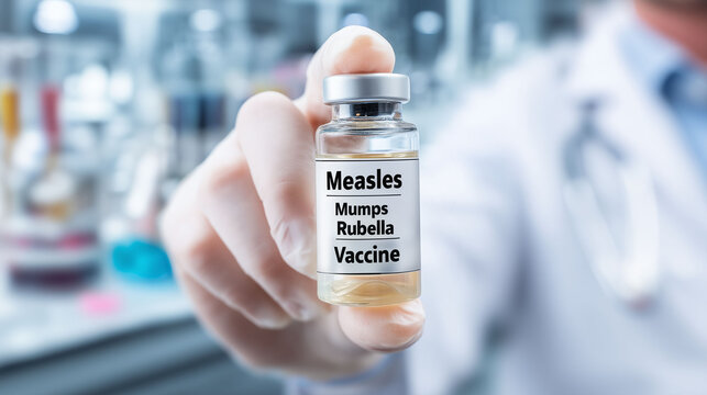 doctor holding measles  mumps and rubella virus vaccine vial wearing medical gloves. vaccination immunization concept 