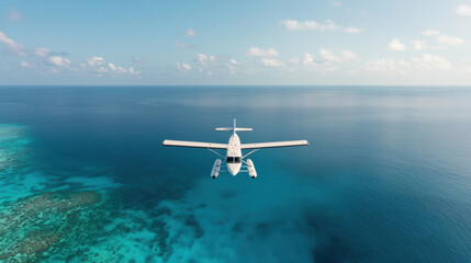 Fototapeta premium seaplane flying over clear blue ocean, showcasing stunning aerial views and tranquility