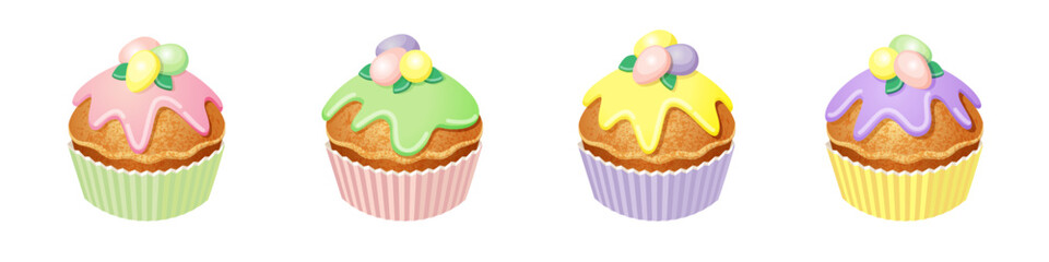 set of cupcakes with Easter decor isolated on a white background. The drawing is in pastel colors with a gradient and texture. stock vector illustration. EPS 10.