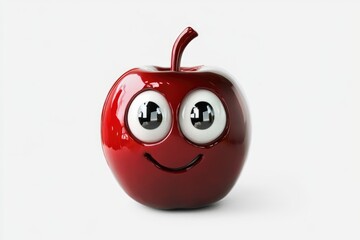 A cheerful, glossy red apple with big, expressive eyes and a happy smile.