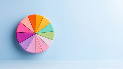 Obraz premium Colorful pie chart representation with pastel segments light blue background, symbolizing data