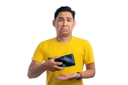 Handsome Asian man showing empty wallet with sad facial expression isolated on transparent background