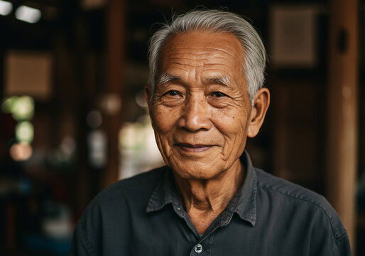 Portrait of an elderly Asian man smiling warmly, serene expression, gray hair, looking at the camera, indoor lighting.