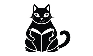 Cat reading book cute pose silhouette, Cat reading a book silhouette black color white background  