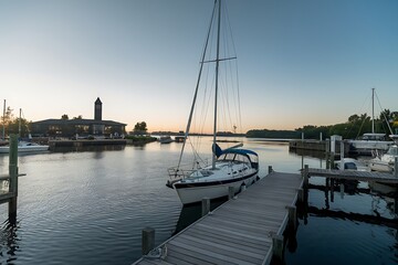 Serene Sunset at the Marina: Sailboat Docked at a Peaceful Waterfront