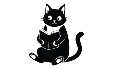 Cat reading book cute pose silhouette, Cat reading a book silhouette black color white background  