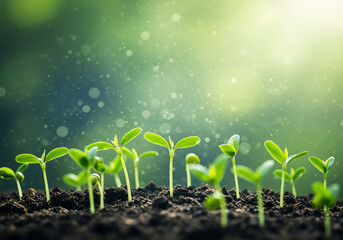 Sprouting Plants and Green Sprouts Growing In Soil, Nature Background, Spring Concept, New Life, Germination.