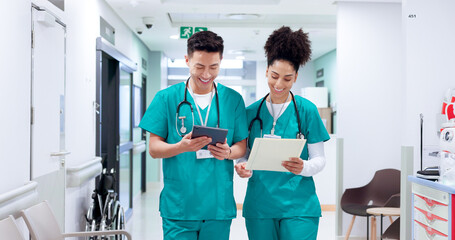Doctors, man and woman with tablet, documents and report with smile for results, research and...