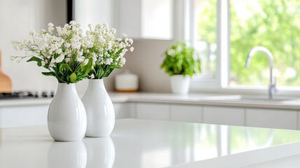 Ceramic vases with flowers on the kitchen island 
