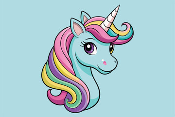 Vibrant and whimsical cartoon unicorn head illustration, featuring playful laughter and neighing sounds.